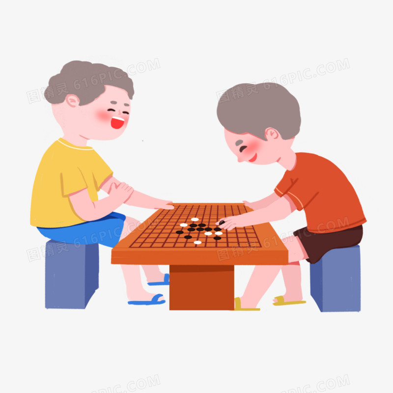 手绘卡通下棋下棋的老大爷素材