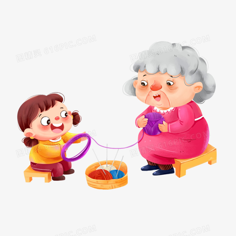 手绘老奶奶和小女孩一起卷毛线场景元素