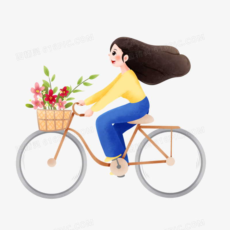 手绘水彩插画风女孩骑着单车免抠元素