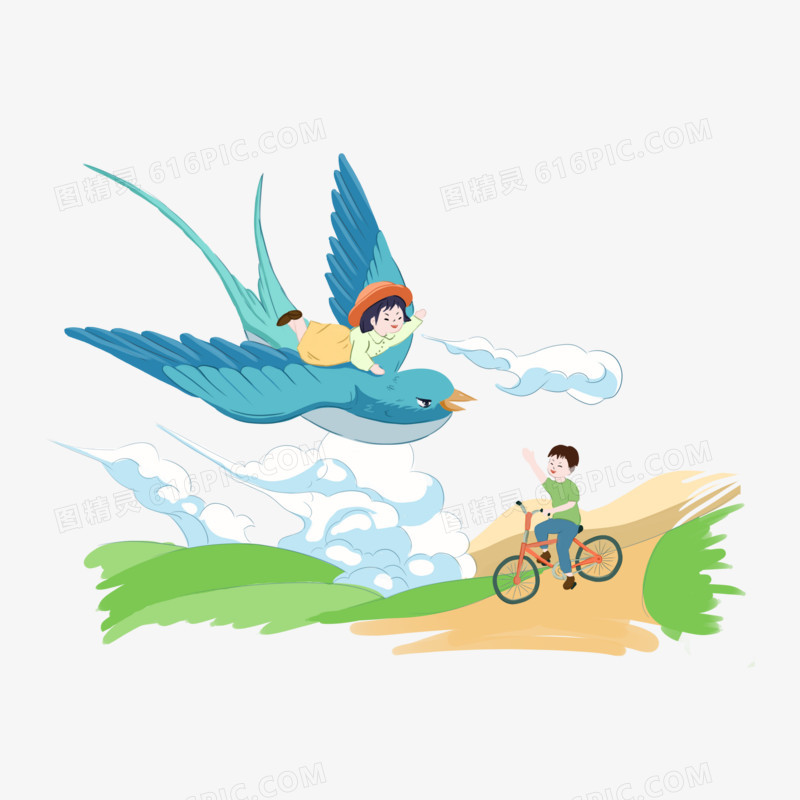 卡通女孩骑鸟男孩骑车创意插画素材