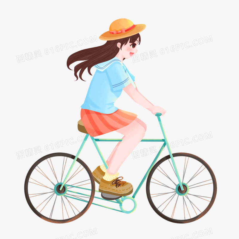 手绘女孩骑自行车插画素材