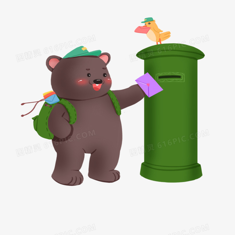 手绘卡通动物小熊邮寄信件素材