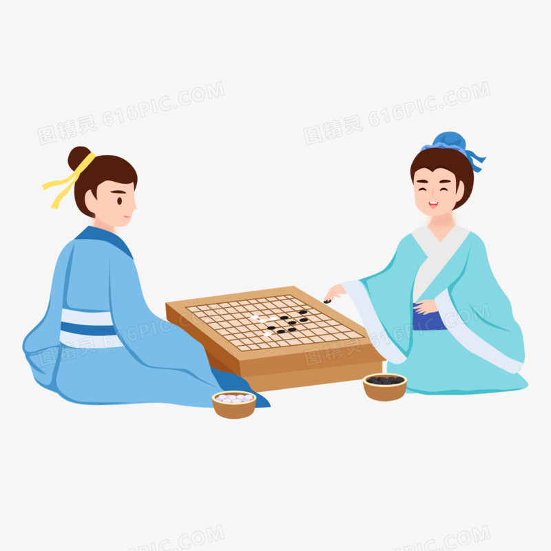 卡通矢量古代少年围坐下棋素材