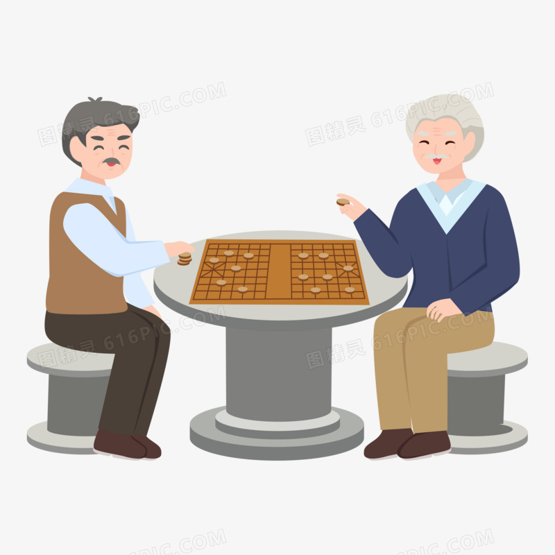 卡通矢量老大爷大伯围坐下棋素材