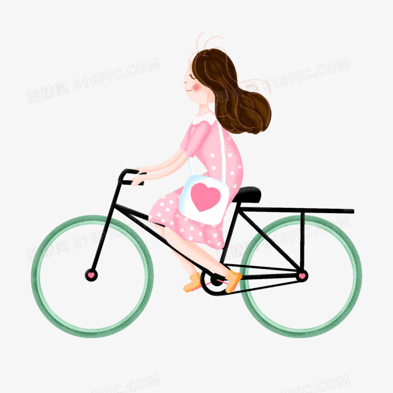 卡通手绘免抠女孩骑自行车素材