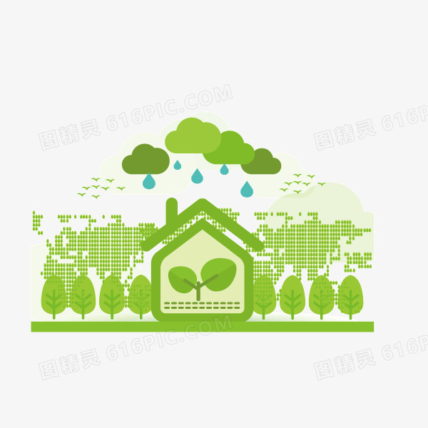 绿色 绿色能源 房子树叶 绿色云朵