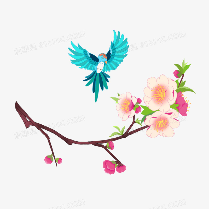 手绘春天树枝和花鸟元素