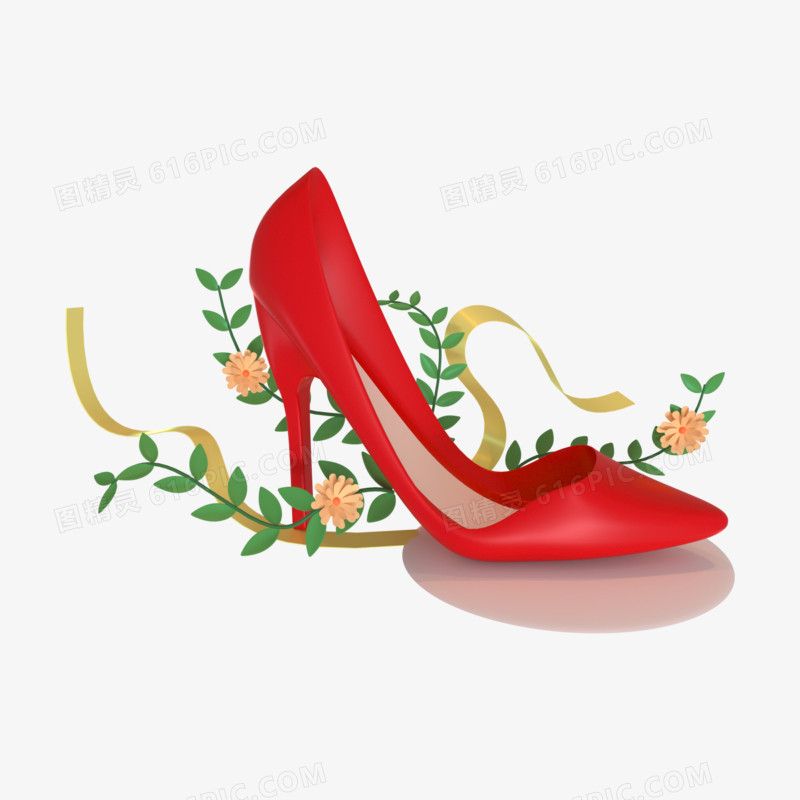 C4D红色高跟鞋和植物合成元素