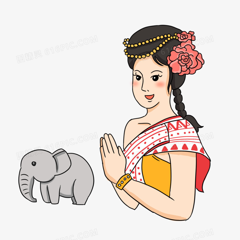 手绘卡通泰国女人和泰国象元素
