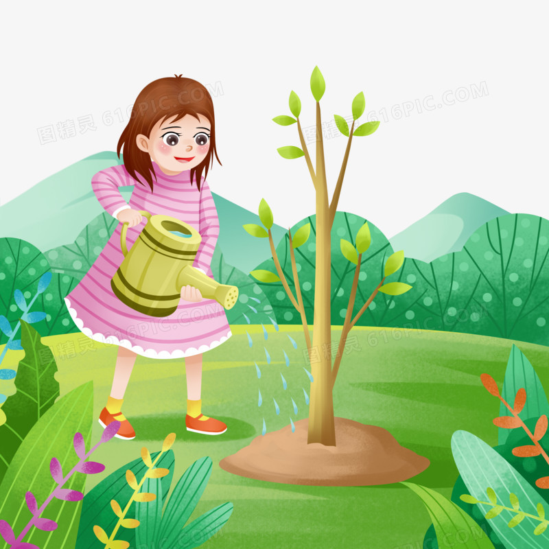 手绘插画风植树小孩浇水免抠元素