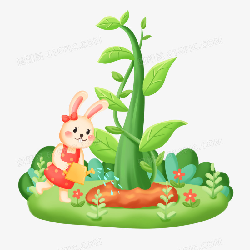 手绘卡通拟人小兔子植树浇水免抠素材