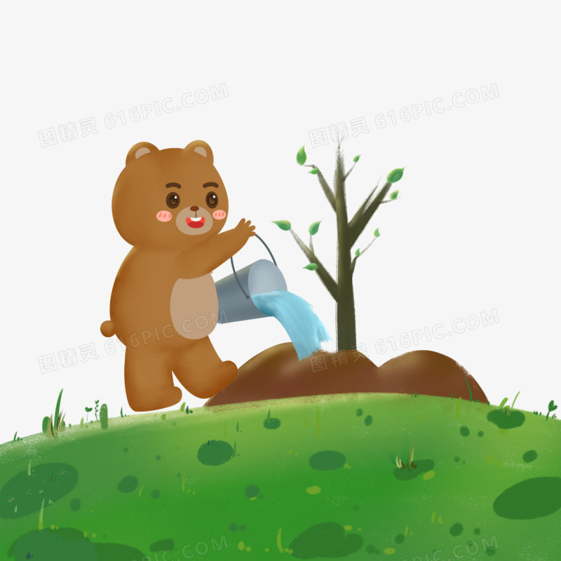 手绘创意卡通小熊植树浇水免抠元素