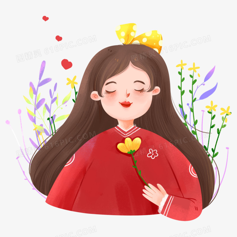 手绘插画风唯美优雅闻花香的女神元素