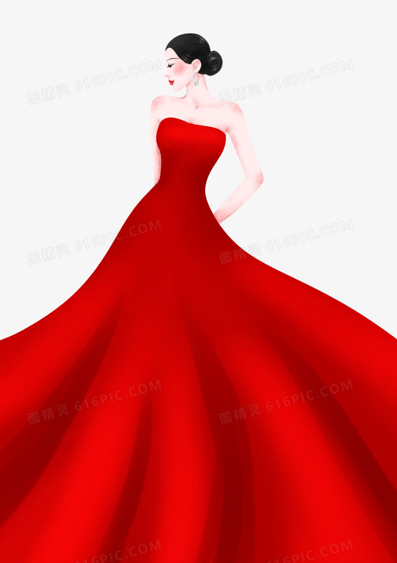 手绘插画风红裙优雅女性人物形象元素
