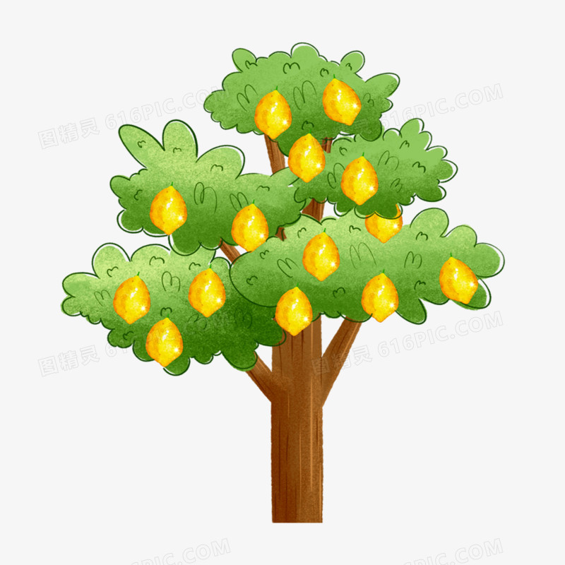 一组手绘插画风水果树之柠檬树免抠元素