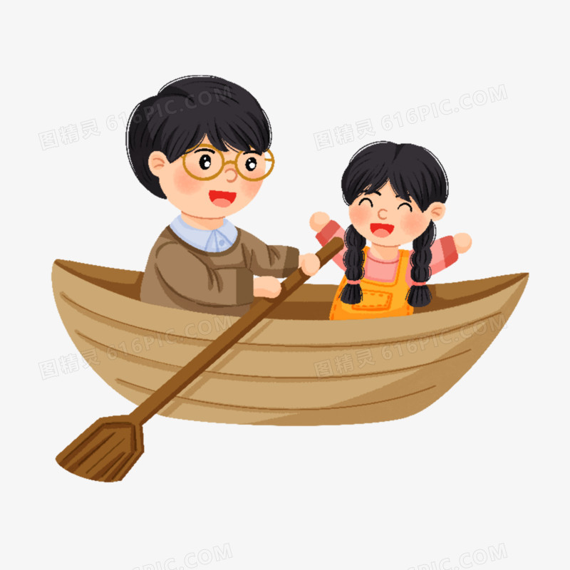 卡通手绘免抠爸爸带着女儿划船元素