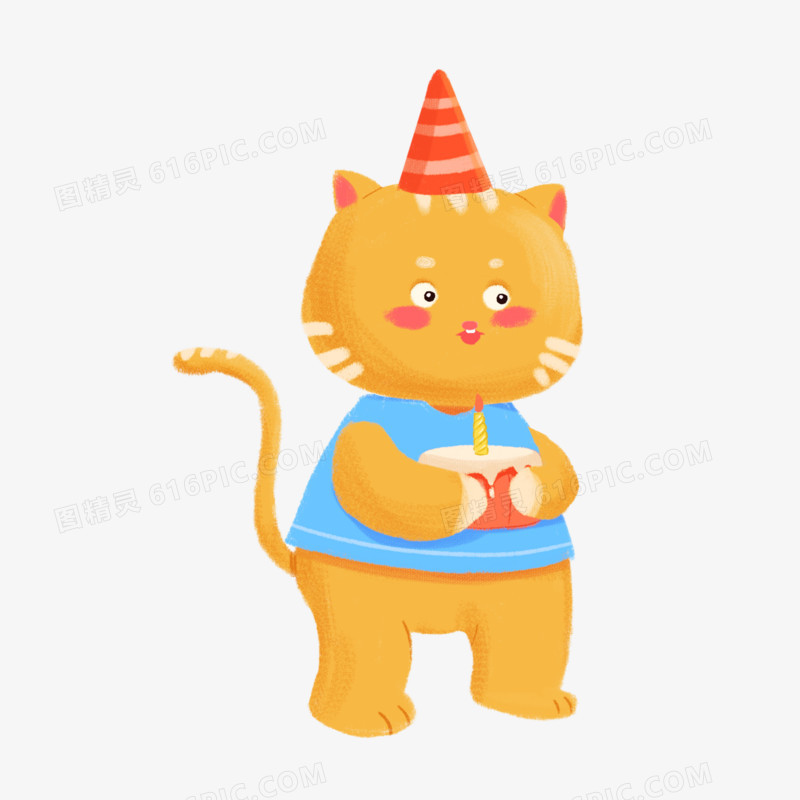 一组手绘卡通动物庆祝生日派对之小猫拿蛋糕素材