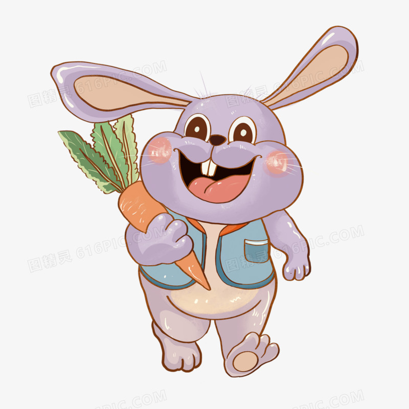 手绘免抠拿着胡萝卜的兔子元素