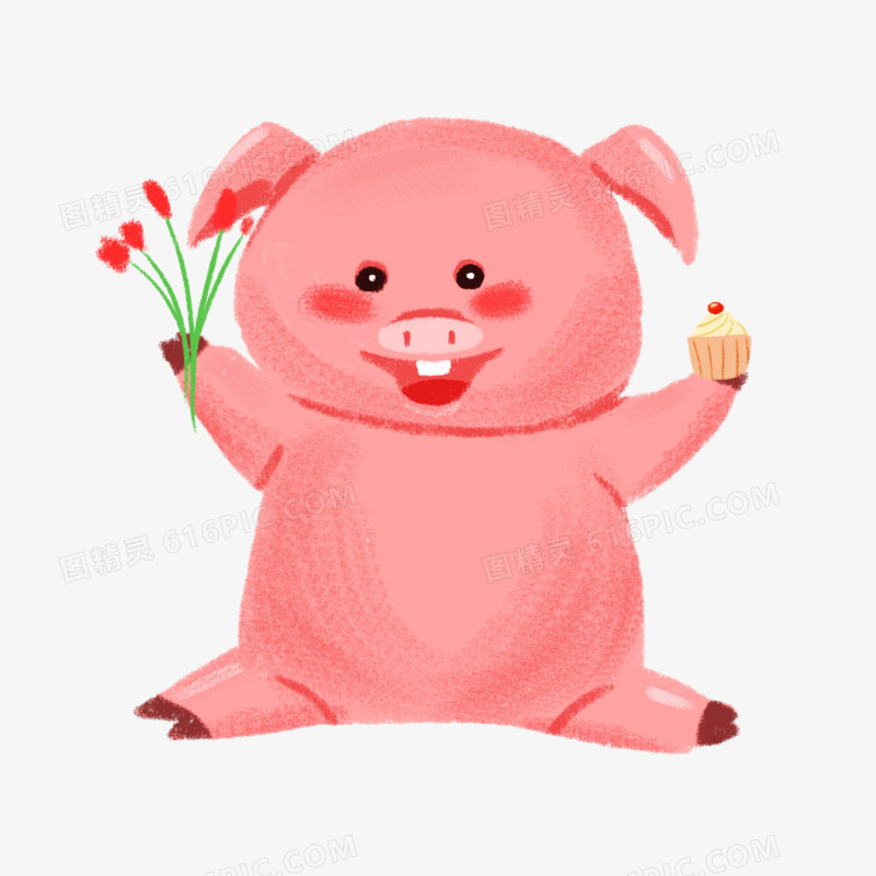 一组手绘卡通动物庆祝生日派对之小猪拿蛋糕素材