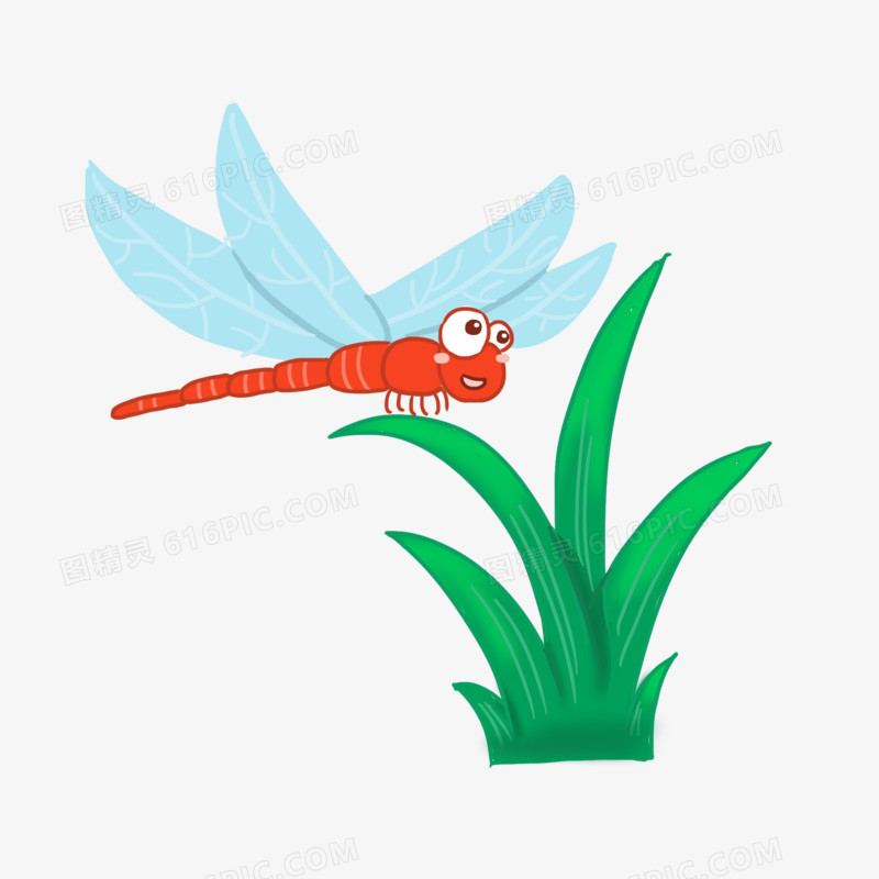 手绘卡通蜻蜓昆虫植物免抠元素