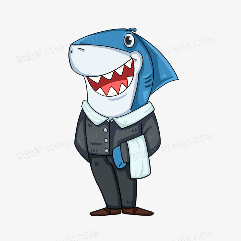 手绘卡通鲨鱼拟人服务生元素