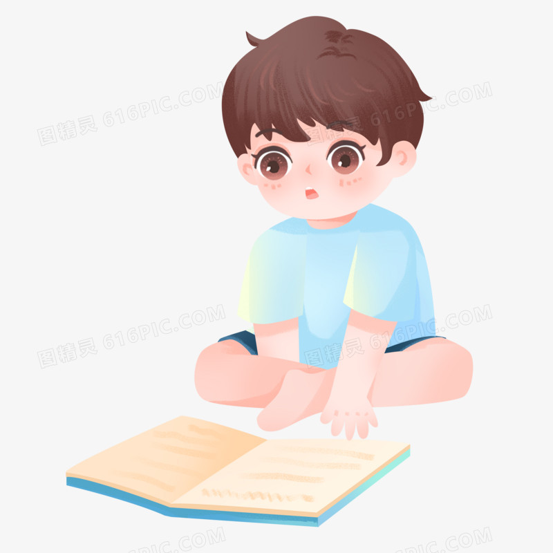 卡通手绘小男孩坐在地上看书免抠元素