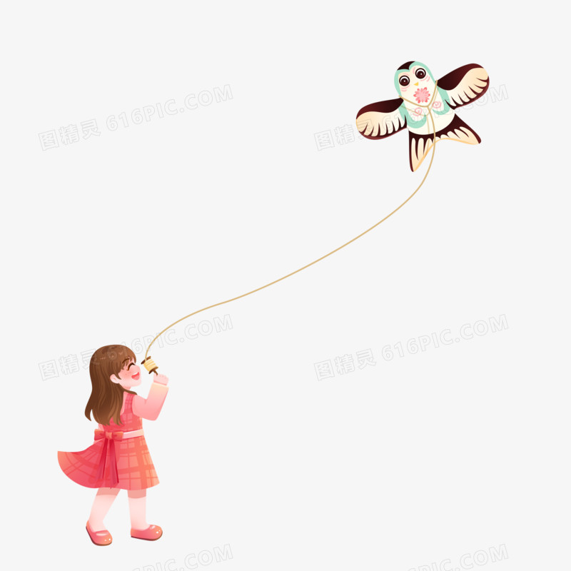 卡通手绘小女孩放风筝素材元素