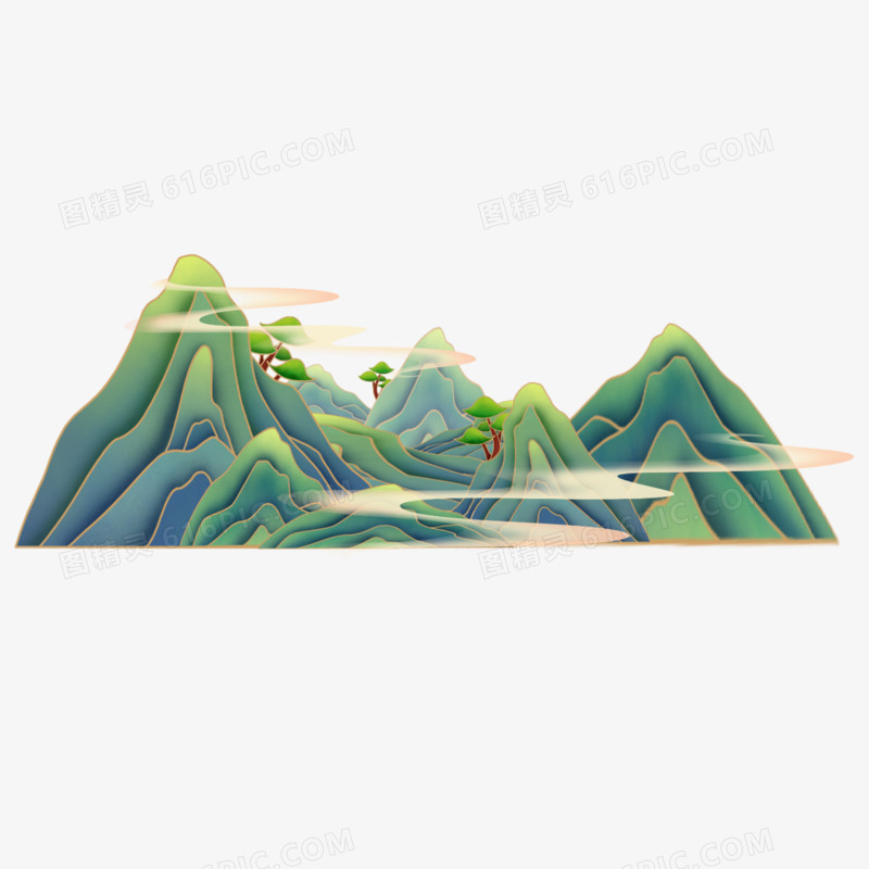 一组手绘国潮剪纸风山峦山峰套图系列三素材