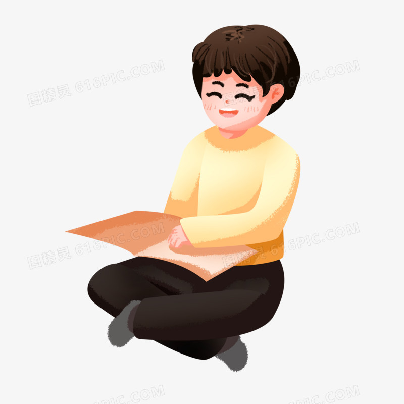 卡通手绘男生坐着看书元素