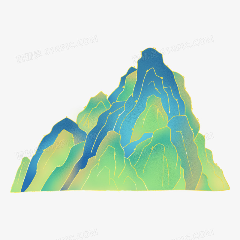 一组国潮中式金线蓝绿色山峰合集系列五元素