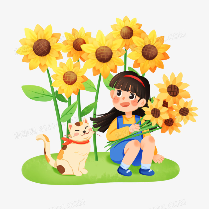 手绘卡通小女孩手捧向日葵和猫一起赏花免抠素材
