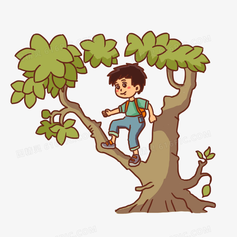 手绘卡通小孩爬树免抠元素