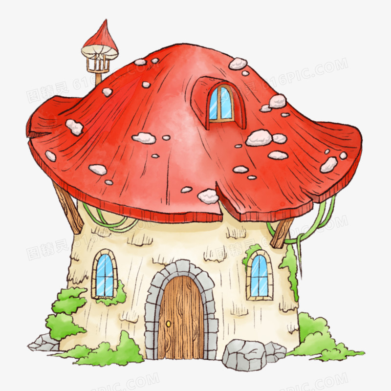手绘卡通蘑菇小屋风格素材