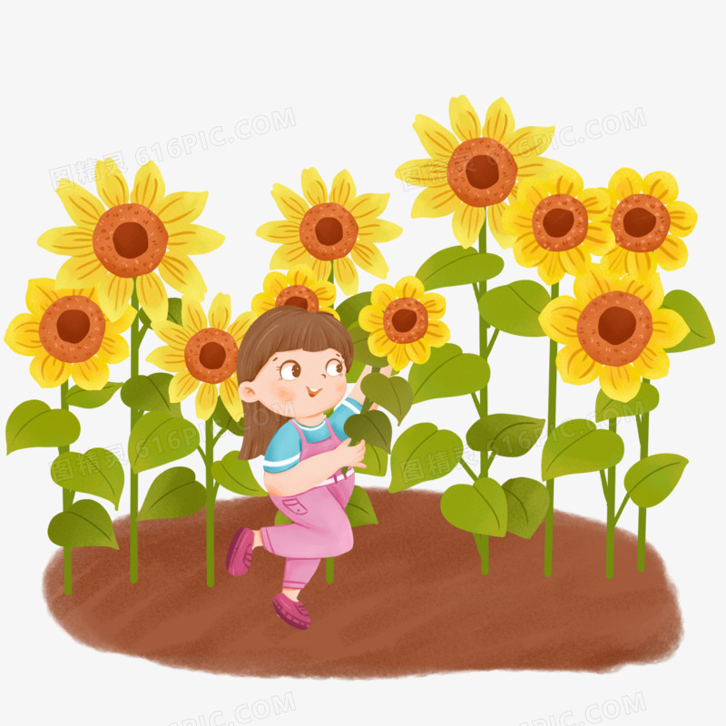 卡通手绘小女孩拿着向日葵花元素