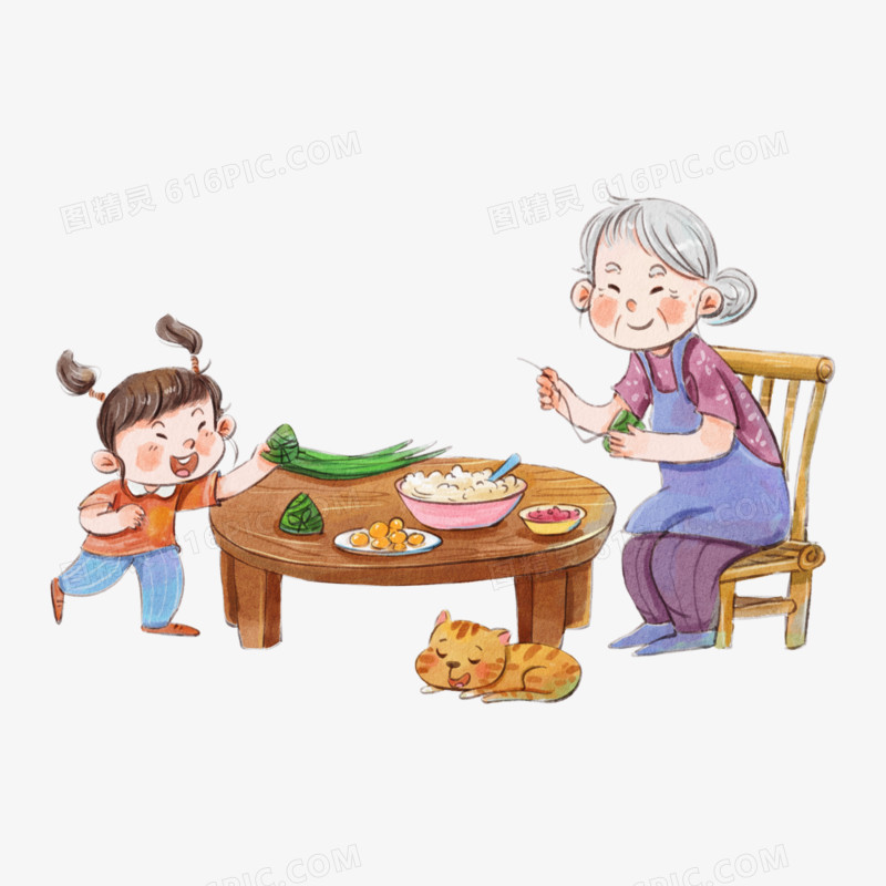 卡通手绘免抠奶奶和孙女一起包粽子元素