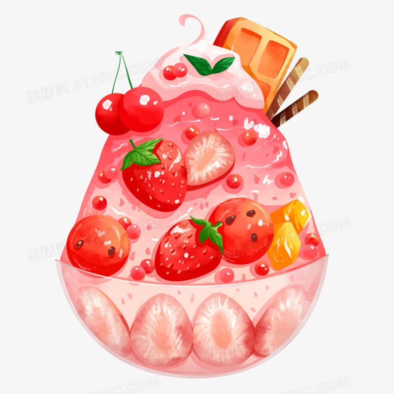 插画风夏日草莓水果刨冰冰沙素材