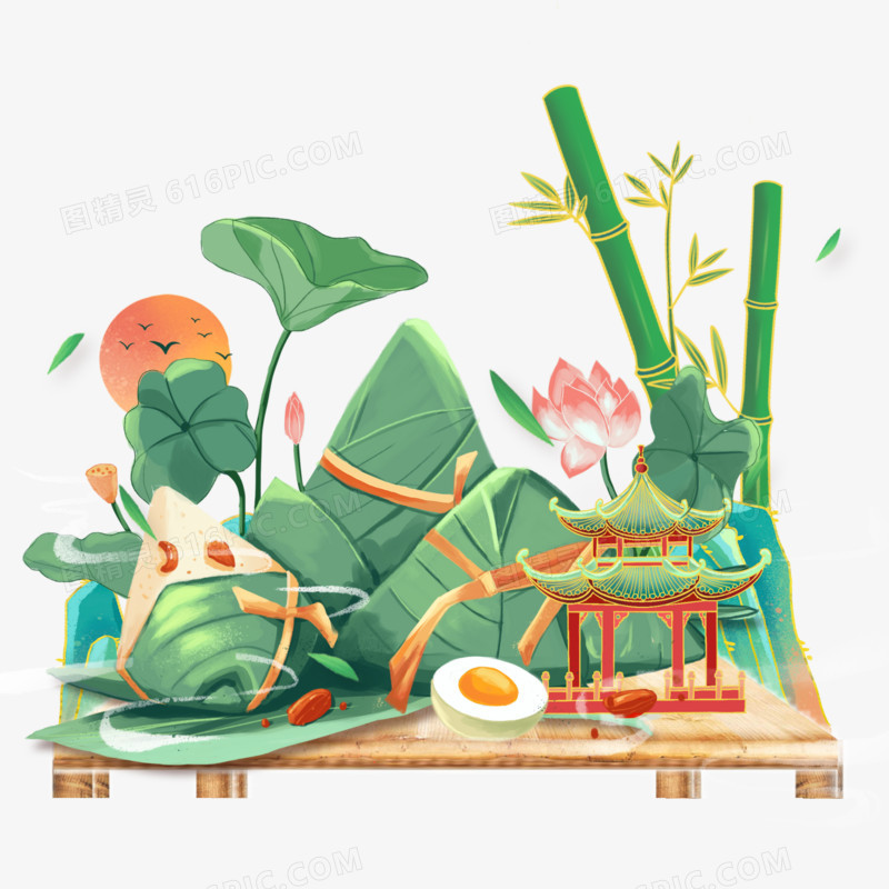 国潮风端午节粽子鸭蛋传统习俗合成元素