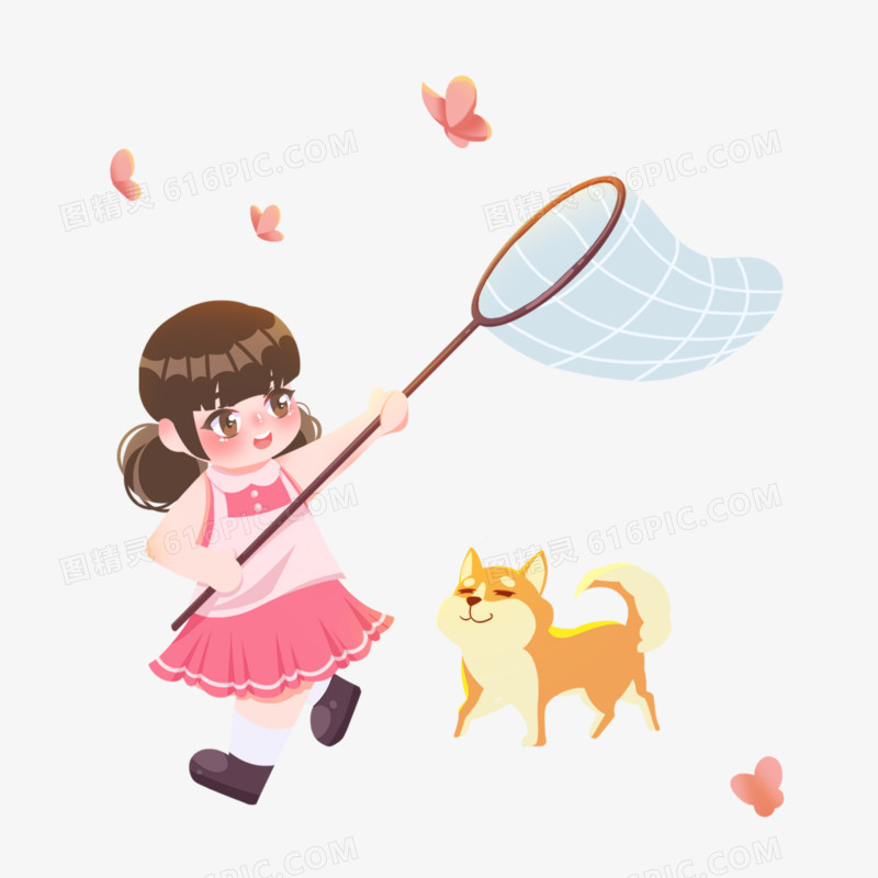 卡通手绘免抠女孩和小狗捕蝴蝶元素