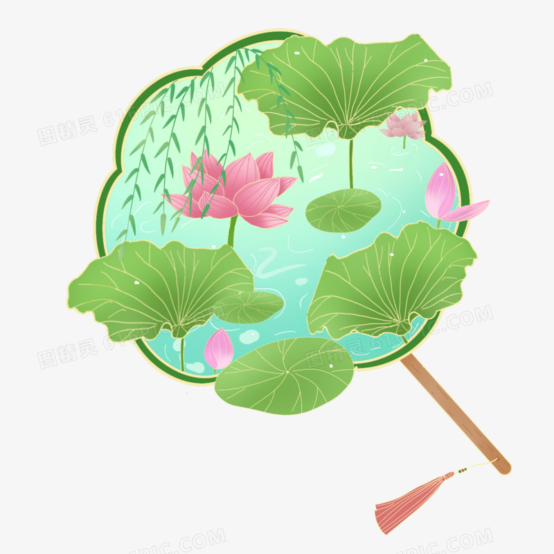 手绘荷塘扇子微景观元素