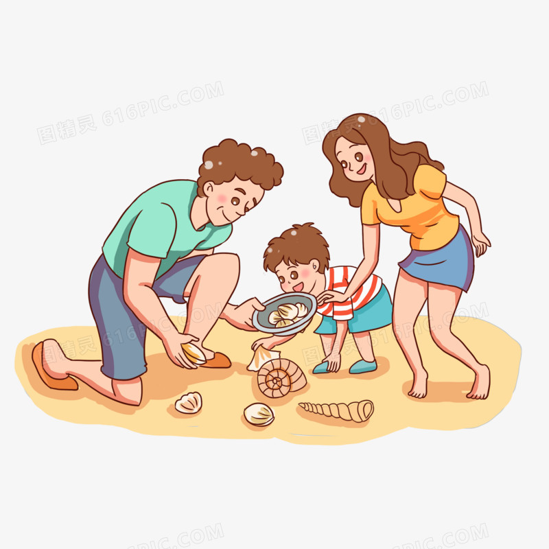 手绘卡通一家人捡贝壳免抠元素