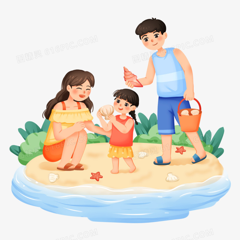 手绘插画一家人在海边捡贝壳免抠素材