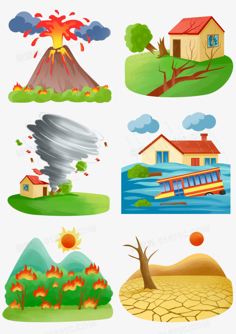 一组手绘插画风自然灾害套图合集元素