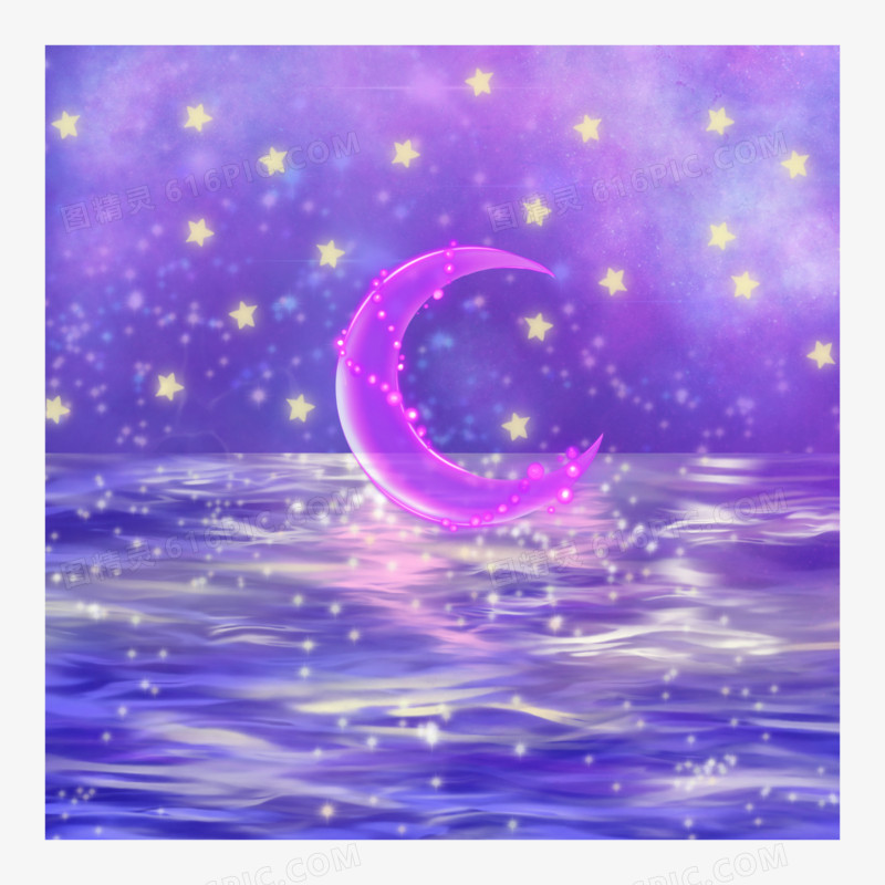 手绘紫色梦幻水面星月免抠元素