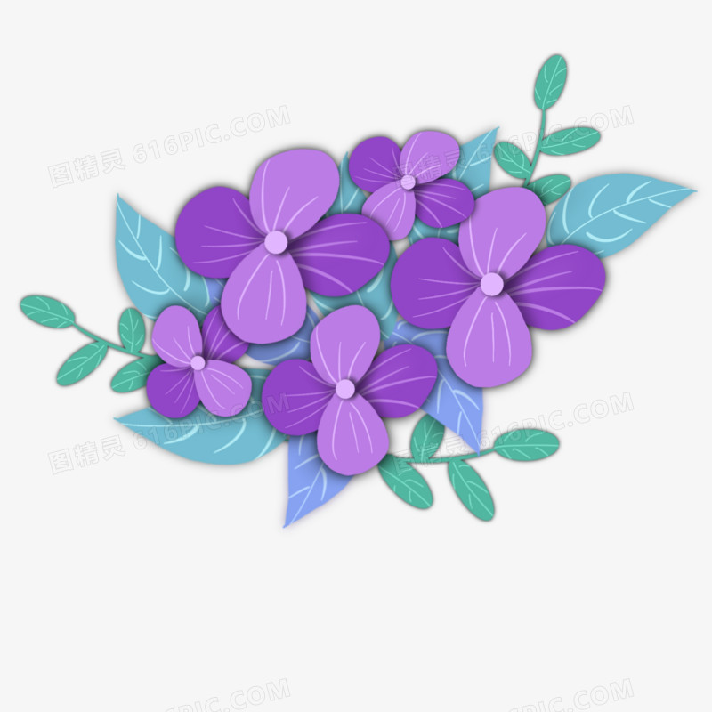 手绘紫色剪纸风花朵元素