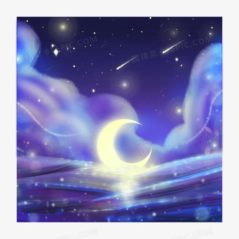 手绘插画梦幻水面波光粼粼月亮夜景元素