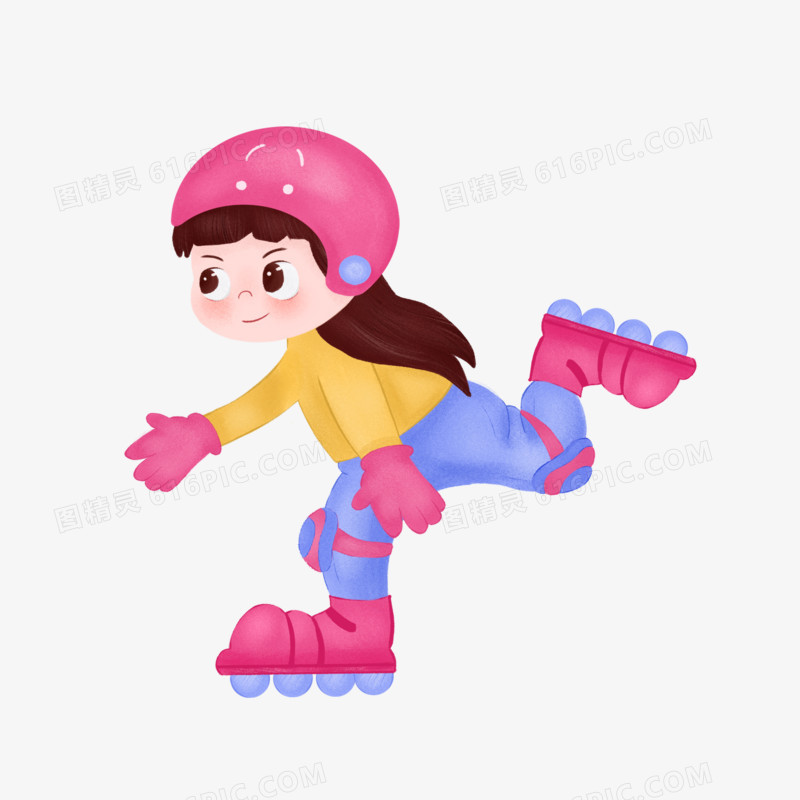 手绘插画风女孩玩轮滑运动素材