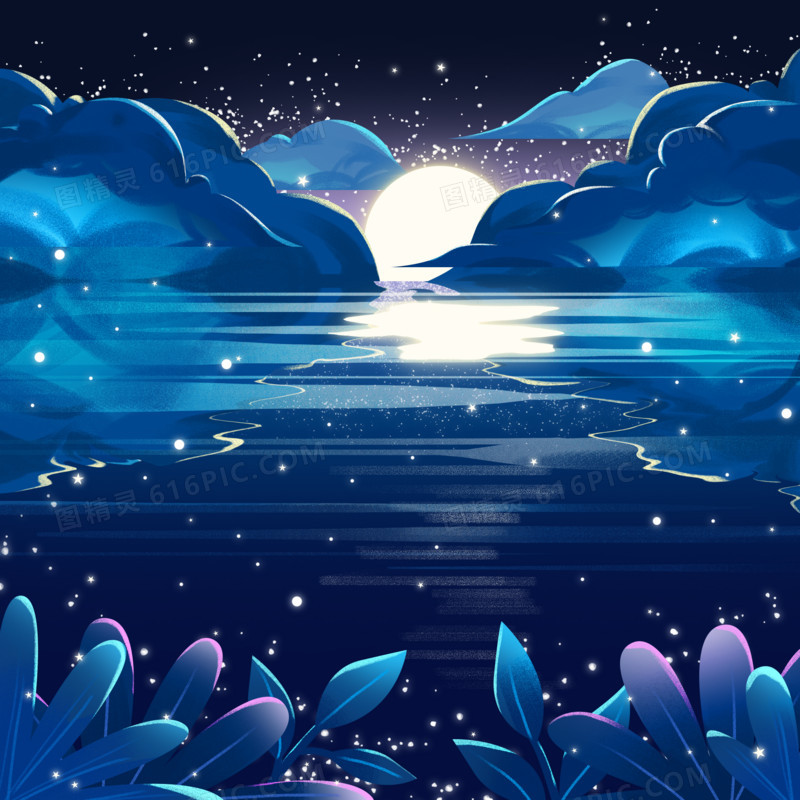 手绘梦幻月色夜景水面元素