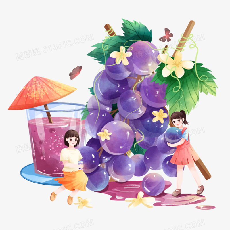 手绘创意插画风女孩与葡萄植物微景观元素