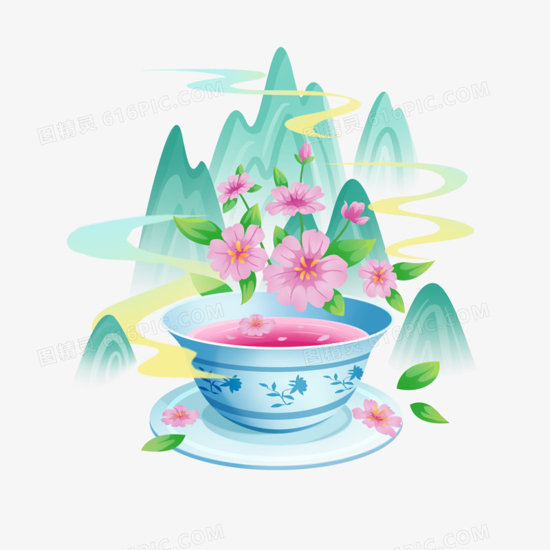 手绘插画风花茶微景观元素