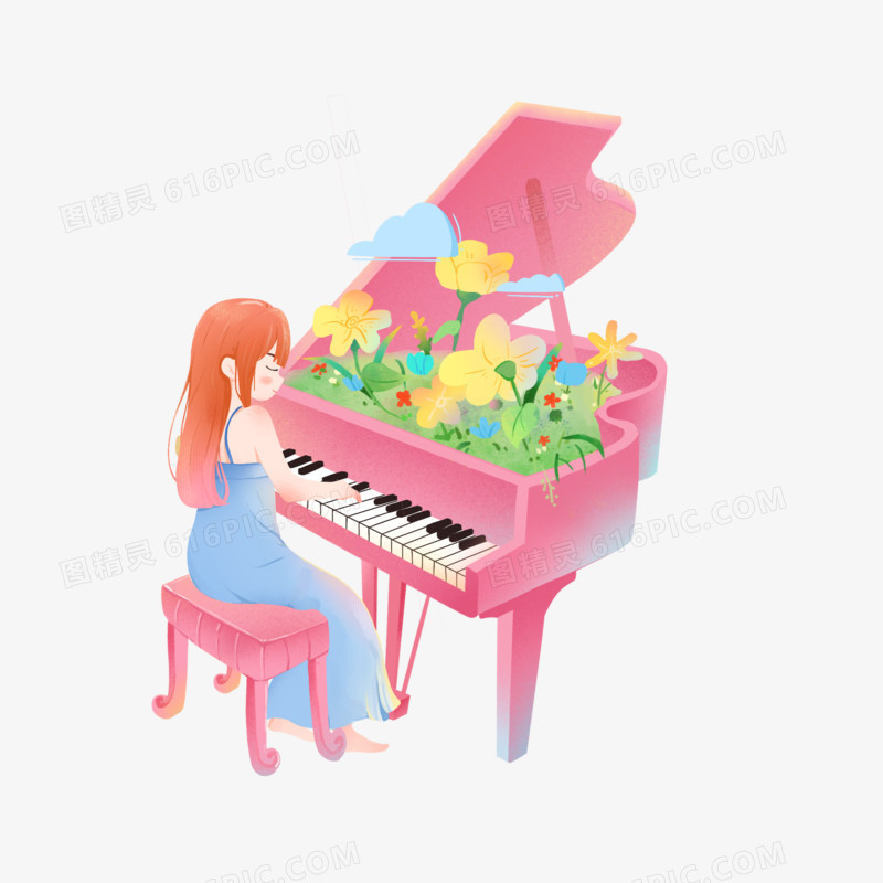 手绘女孩弹钢琴场景插画元素